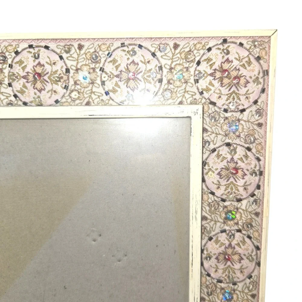 Distressed Metal Glass Photo Frame 5X7 Cream Gold Beaded Embroidered Silk Lined
